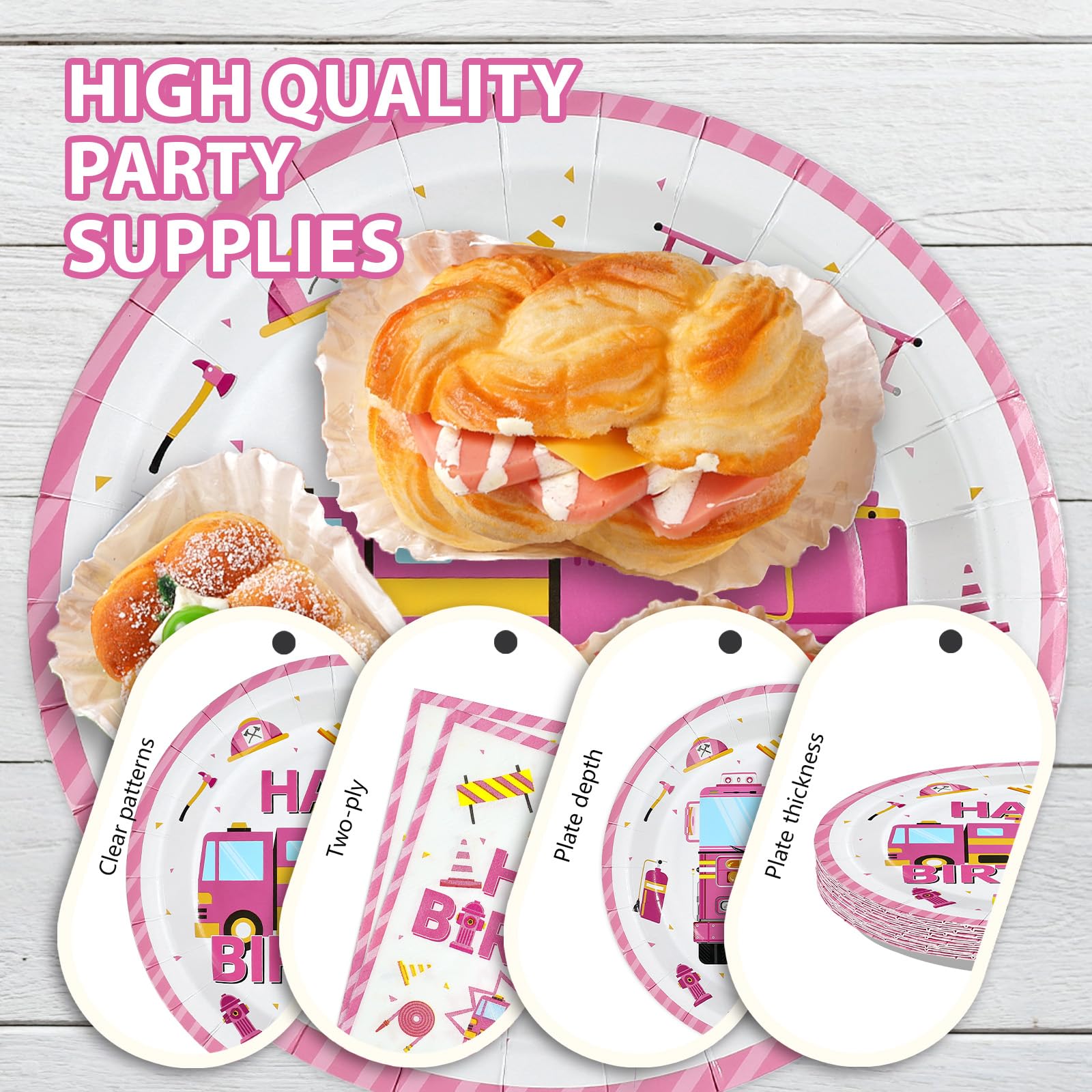 96 Pcs Pink Fire Truck Birthday Party Plates and Napkins - Grencian