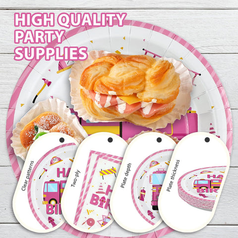 96 Pcs Pink Fire Truck Birthday Party Plates and Napkins - Grencian