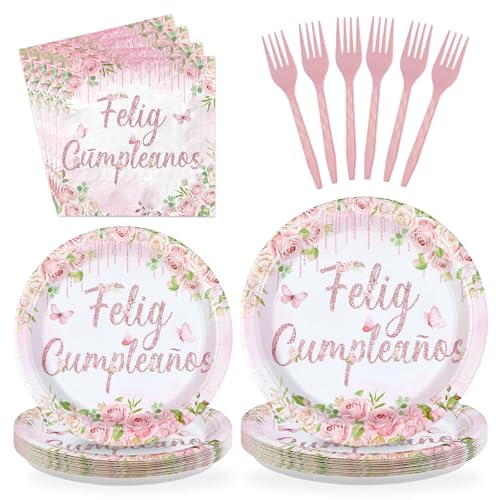 96 Pcs Pink Floral Feliz Cumpleaños Party Plates and Napkins - Grencian