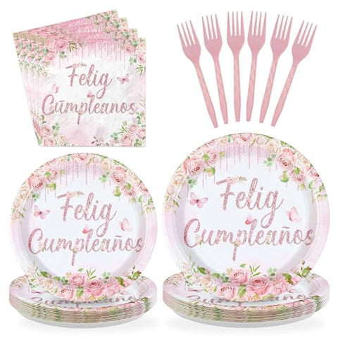 96 Pcs Pink Floral Feliz Cumpleaños Party Plates and Napkins - Grencian