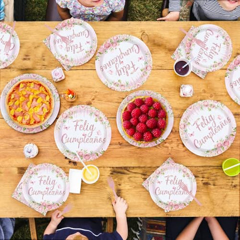 96 Pcs Pink Floral Feliz Cumpleaños Party Plates and Napkins - Grencian