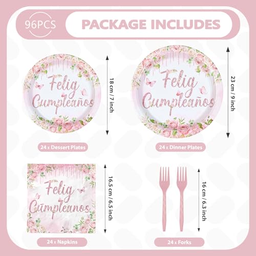 96 Pcs Pink Floral Feliz Cumpleaños Party Plates and Napkins - Grencian