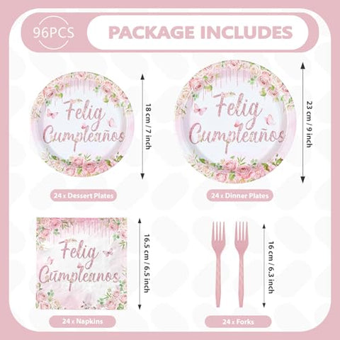 96 Pcs Pink Floral Feliz Cumpleaños Party Plates and Napkins - Grencian