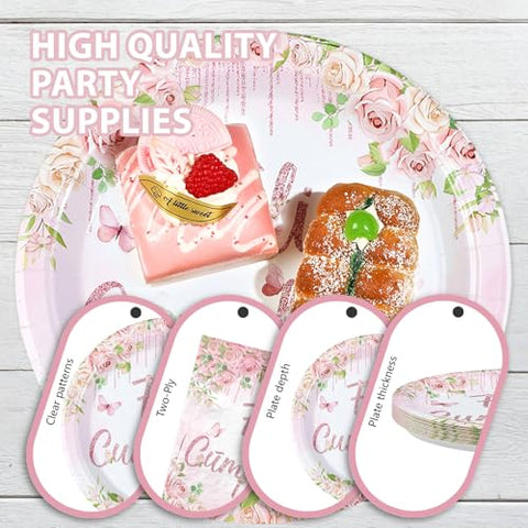 96 Pcs Pink Floral Feliz Cumpleaños Party Plates and Napkins - Grencian
