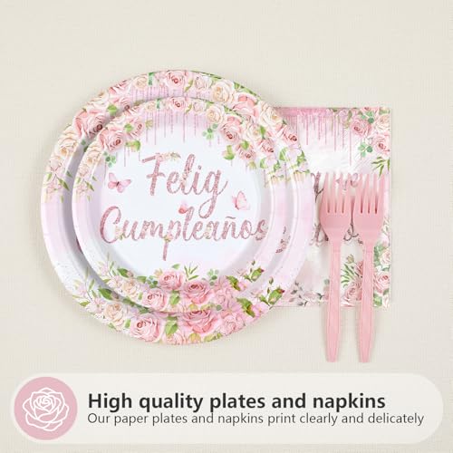96 Pcs Pink Floral Feliz Cumpleaños Party Plates and Napkins - Grencian