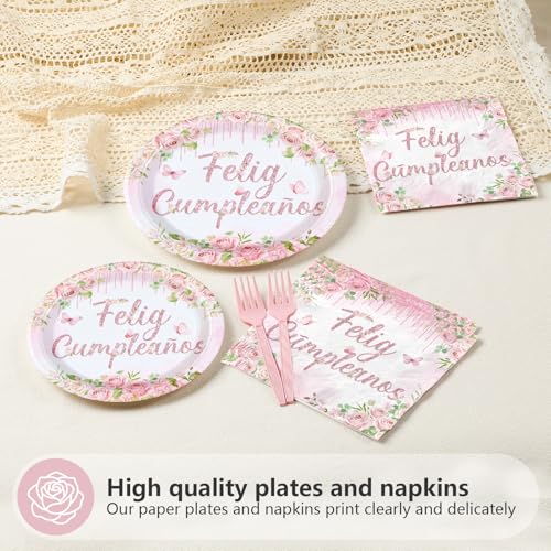 96 Pcs Pink Floral Feliz Cumpleaños Party Plates and Napkins - Grencian