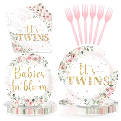 96 Pcs Pink Floral Twins Baby Shower Party Plates and Napkins - Grencian