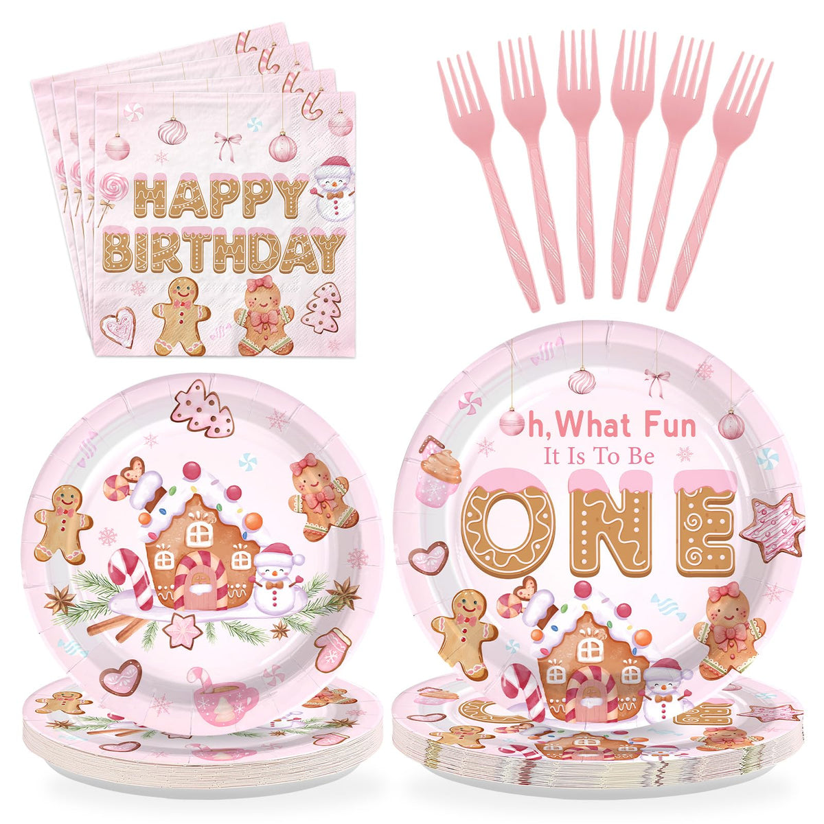 96 Pcs Pink Gingerbread 1st Birthday Party Plates and Napkins - Grencian