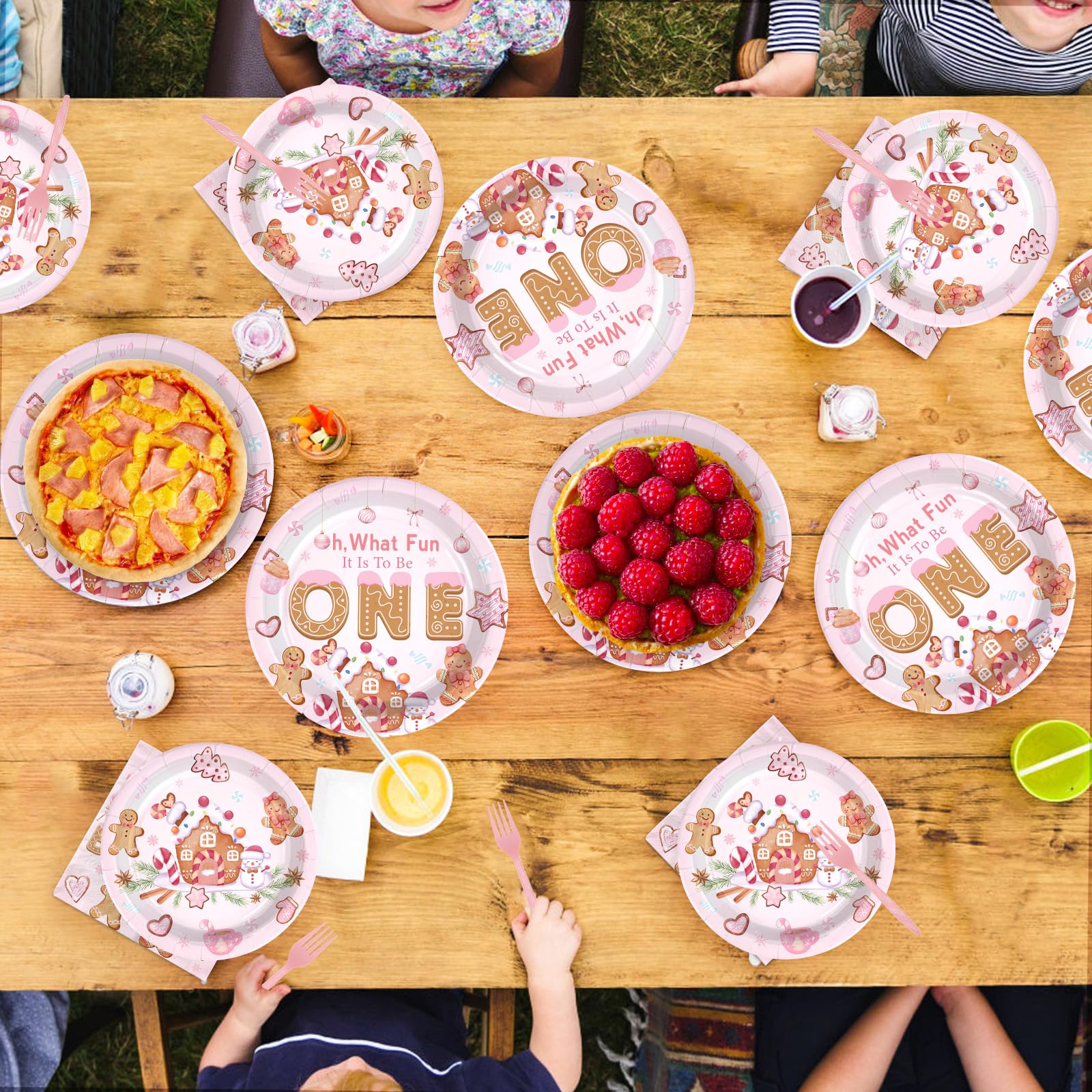 96 Pcs Pink Gingerbread 1st Birthday Party Plates and Napkins - Grencian