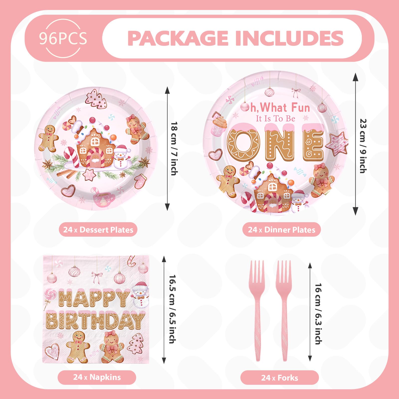 96 Pcs Pink Gingerbread 1st Birthday Party Plates and Napkins - Grencian
