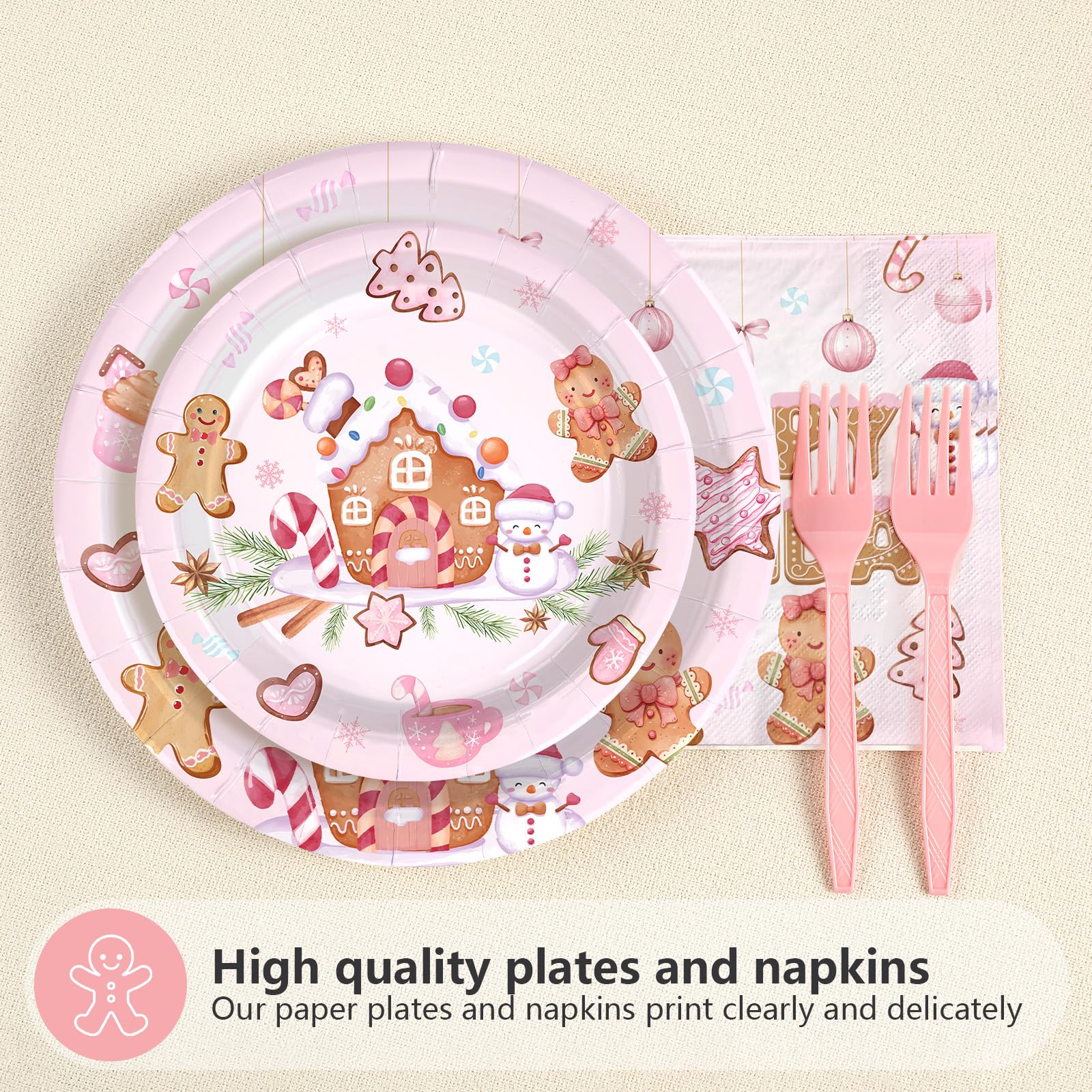 96 Pcs Pink Gingerbread 1st Birthday Party Plates and Napkins - Grencian