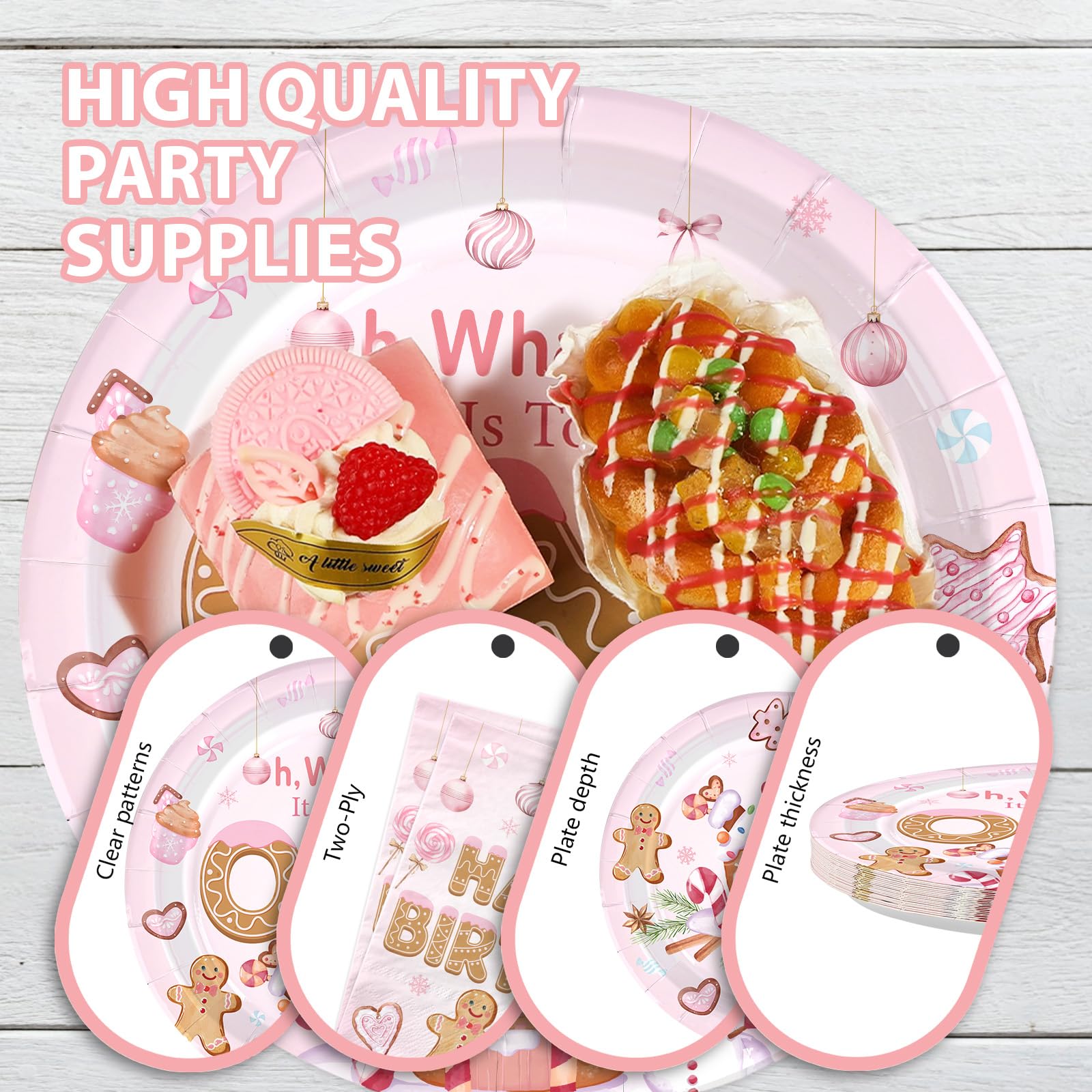 96 Pcs Pink Gingerbread 1st Birthday Party Plates and Napkins - Grencian