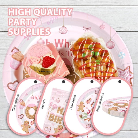 96 Pcs Pink Gingerbread 1st Birthday Party Plates and Napkins - Grencian