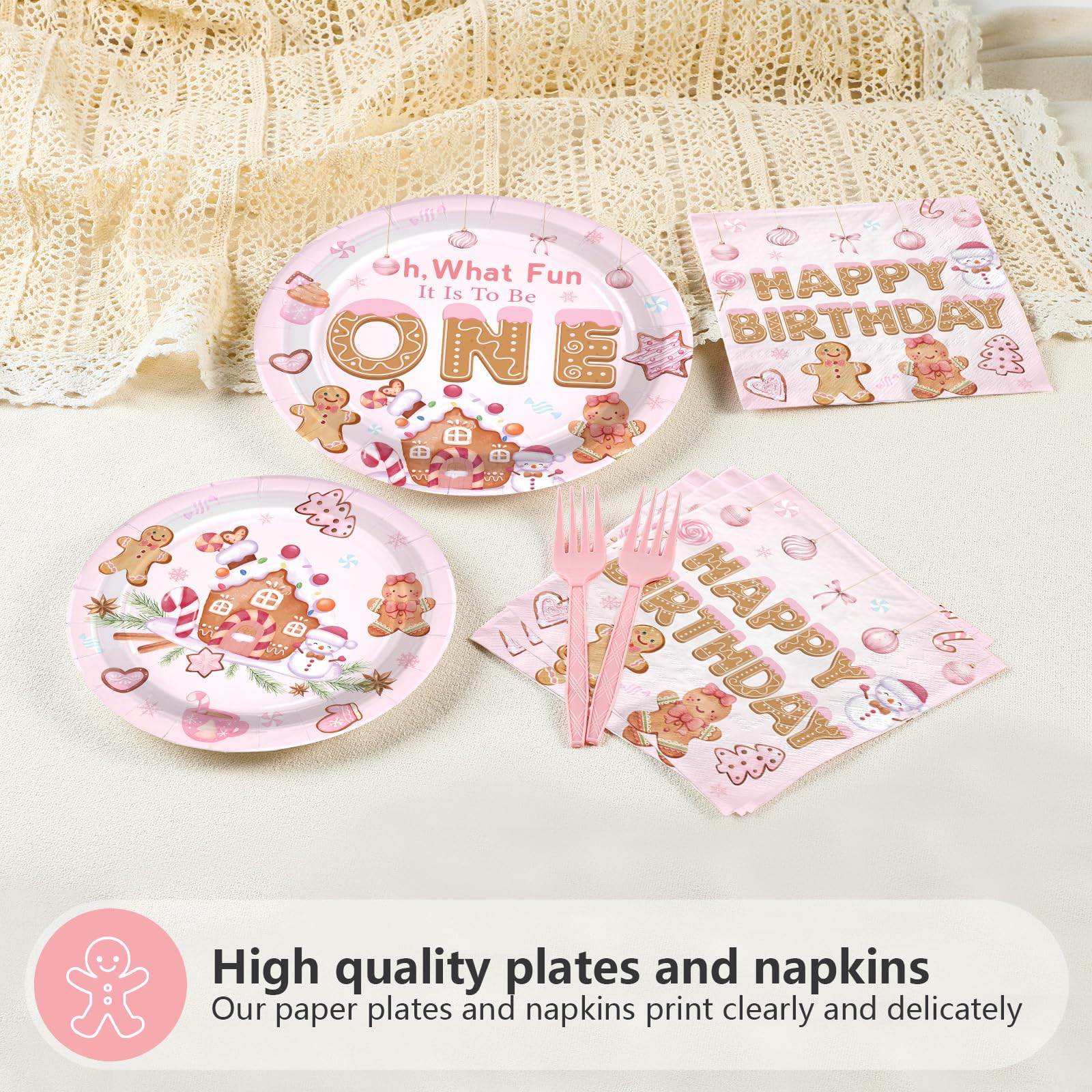 96 Pcs Pink Gingerbread 1st Birthday Party Plates and Napkins - Grencian