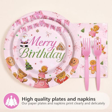 96 Pcs Pink Gingerbread Birthday Party Plates and Napkins - Grencian