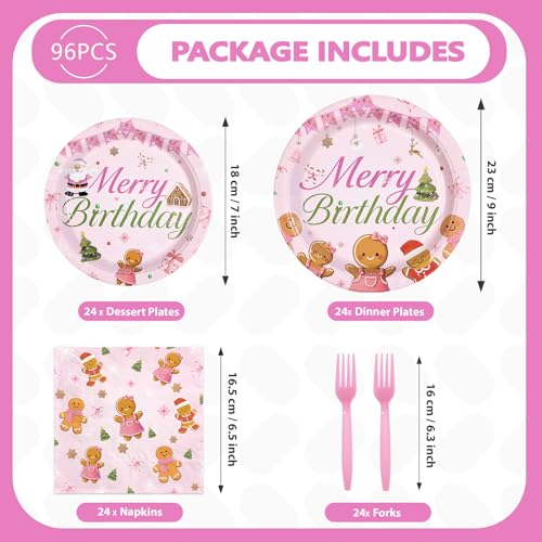 96 Pcs Pink Gingerbread Birthday Party Plates and Napkins - Grencian
