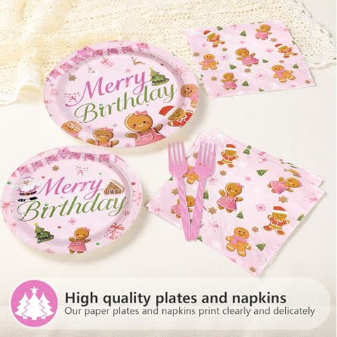 96 Pcs Pink Gingerbread Birthday Party Plates and Napkins - Grencian
