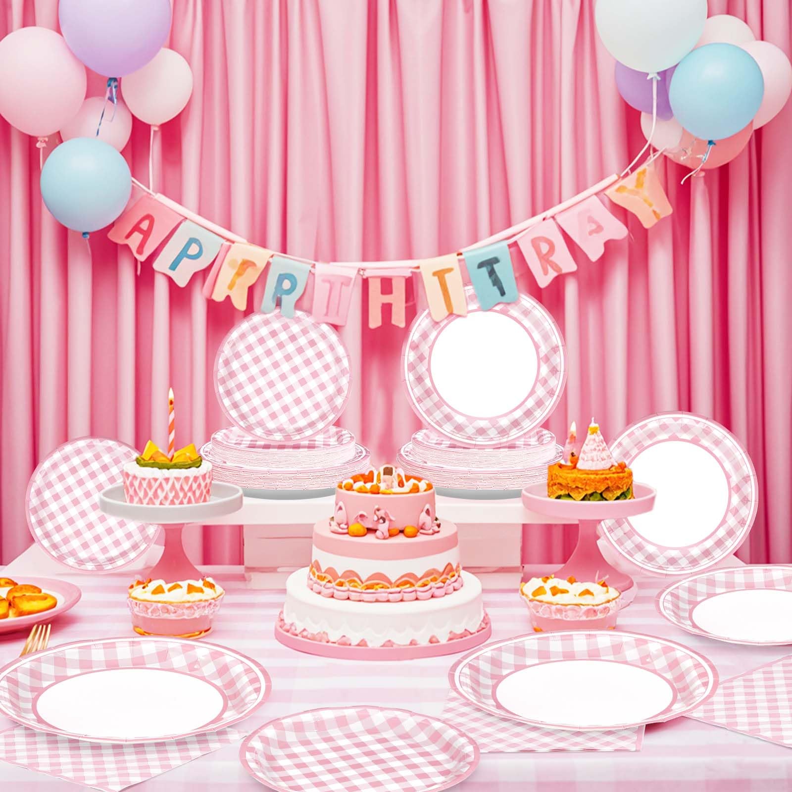 96 Pcs Pink Gingham Party Plates and Napkins - Grencian