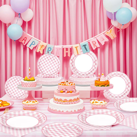 96 Pcs Pink Gingham Party Plates and Napkins - Grencian