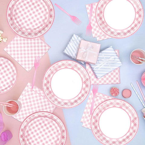 96 Pcs Pink Gingham Party Plates and Napkins - Grencian