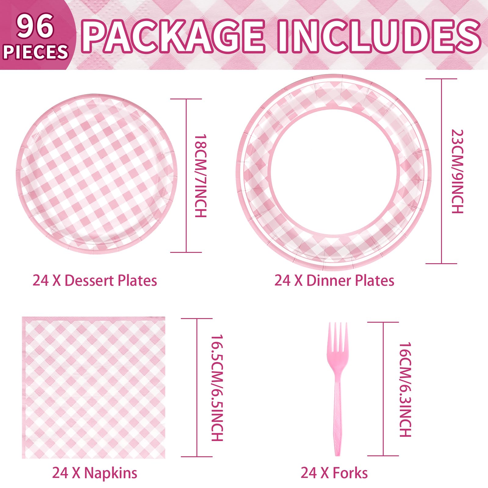 96 Pcs Pink Gingham Party Plates and Napkins - Grencian