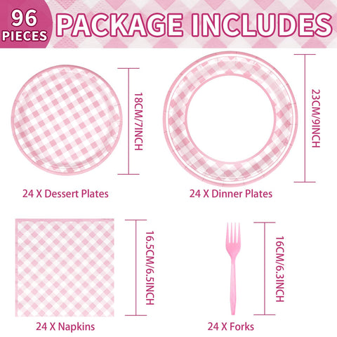 96 Pcs Pink Gingham Party Plates and Napkins - Grencian