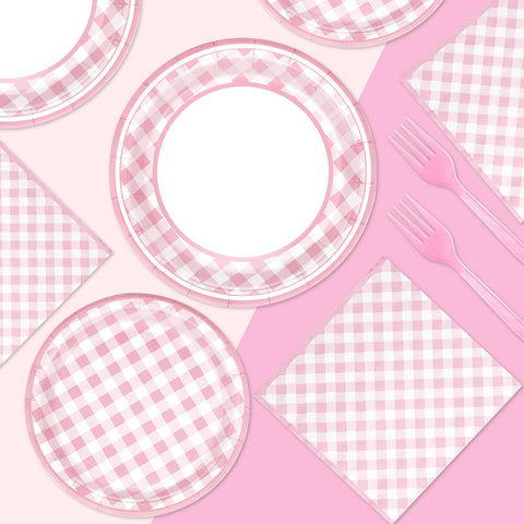 96 Pcs Pink Gingham Party Plates and Napkins - Grencian