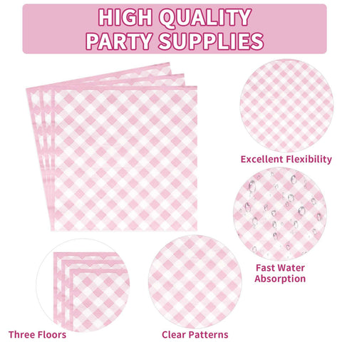 96 Pcs Pink Gingham Party Plates and Napkins - Grencian