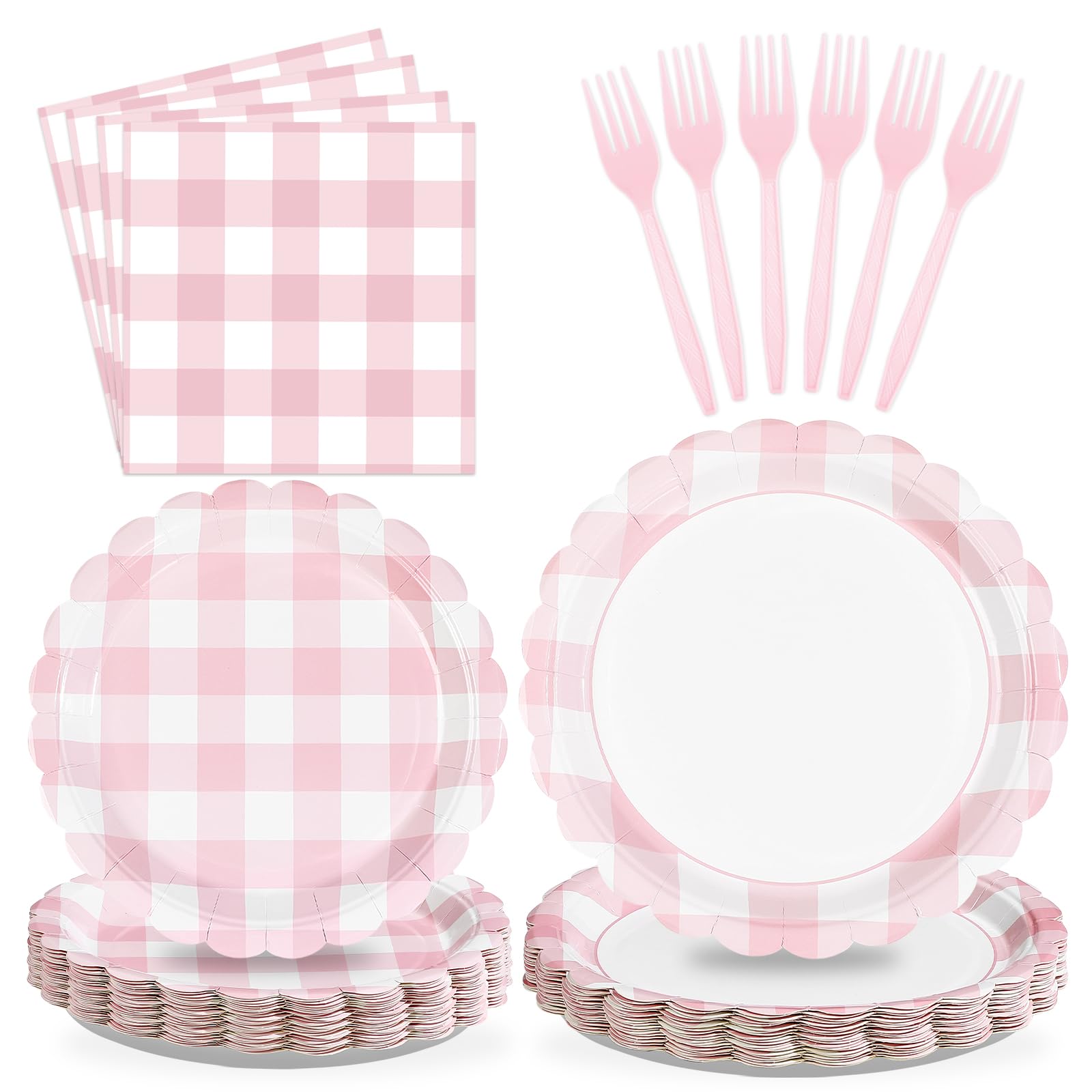 96 Pcs Pink Gingham Scalloped Party Plates and Napkins - Grencian