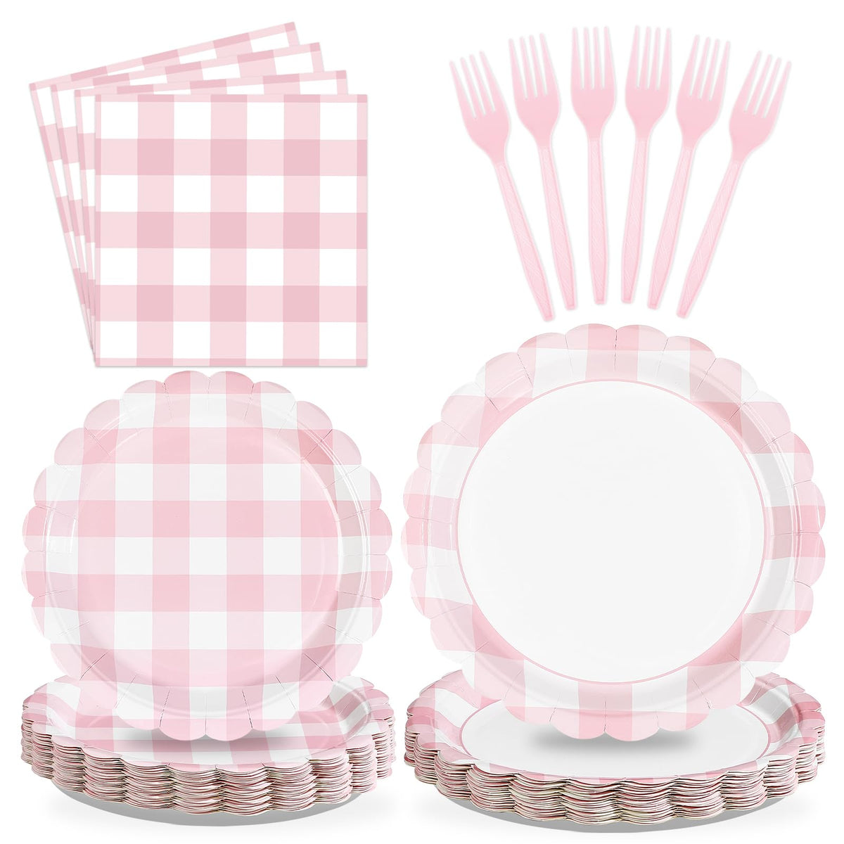 96 Pcs Pink Gingham Scalloped Party Plates and Napkins - Grencian