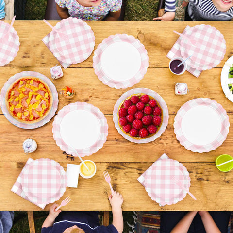 96 Pcs Pink Gingham Scalloped Party Plates and Napkins - Grencian