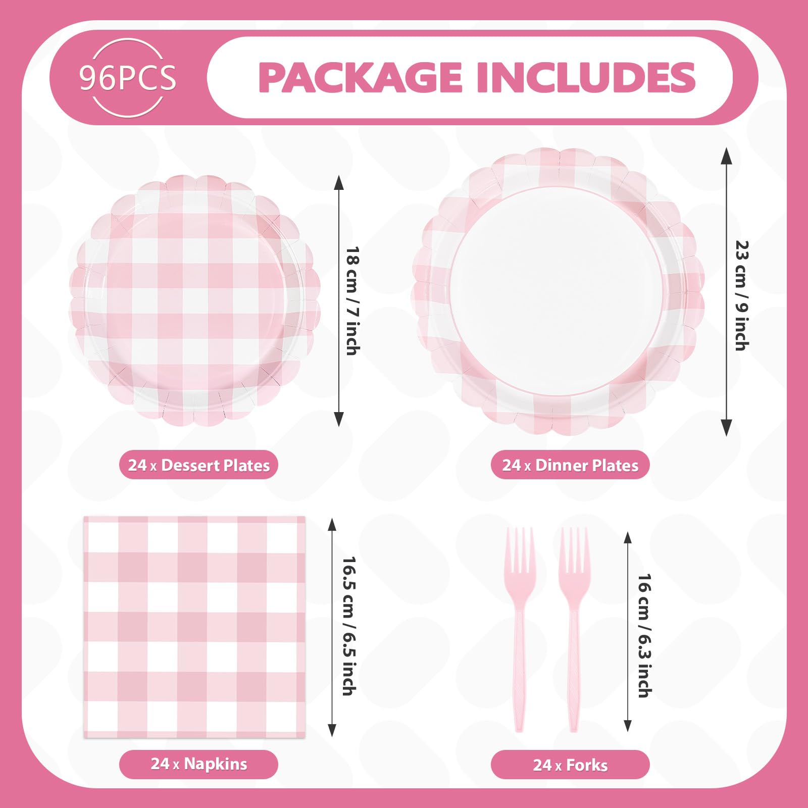 96 Pcs Pink Gingham Scalloped Party Plates and Napkins - Grencian