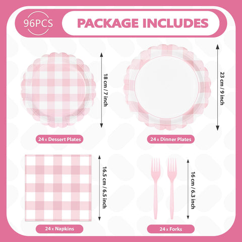 96 Pcs Pink Gingham Scalloped Party Plates and Napkins - Grencian