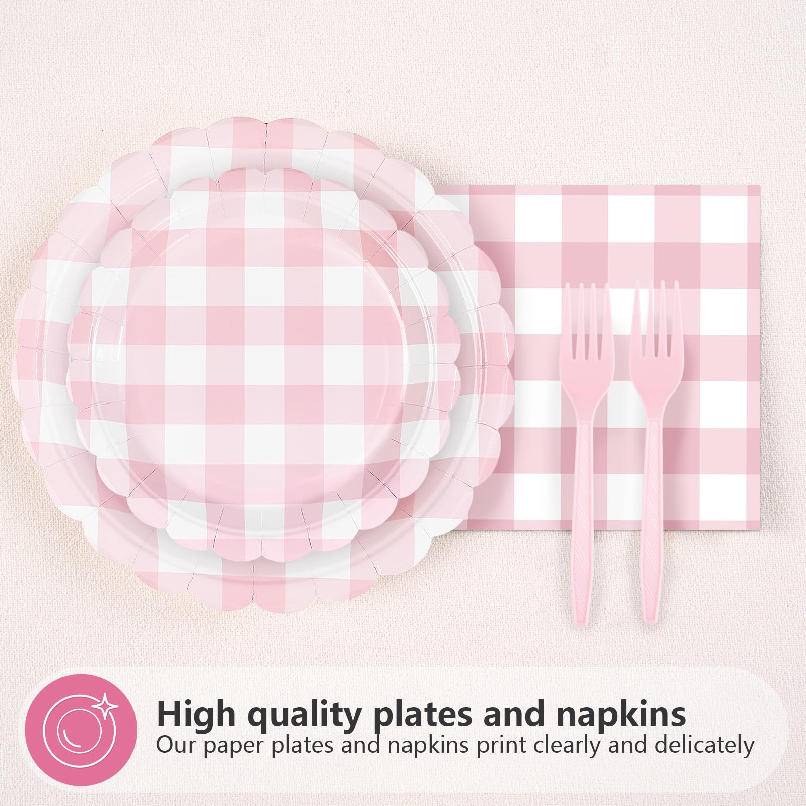 96 Pcs Pink Gingham Scalloped Party Plates and Napkins - Grencian