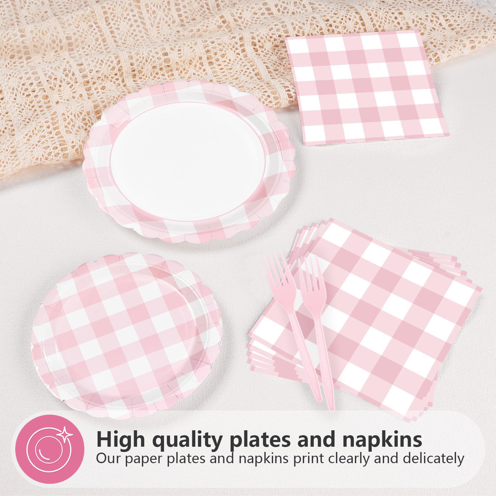 96 Pcs Pink Gingham Scalloped Party Plates and Napkins - Grencian