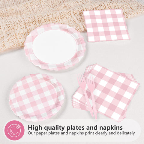96 Pcs Pink Gingham Scalloped Party Plates and Napkins - Grencian