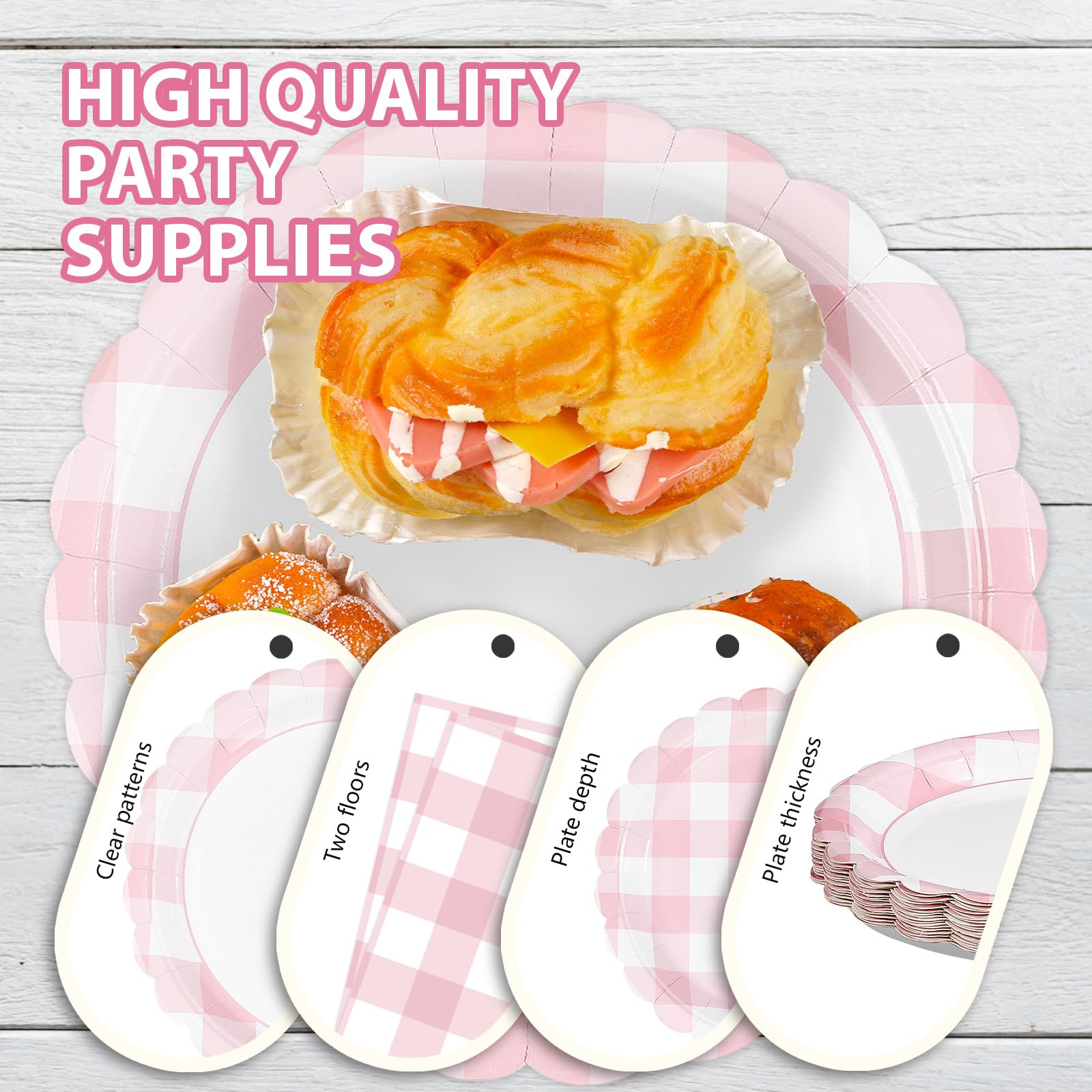 96 Pcs Pink Gingham Scalloped Party Plates and Napkins - Grencian