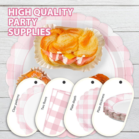 96 Pcs Pink Gingham Scalloped Party Plates and Napkins - Grencian
