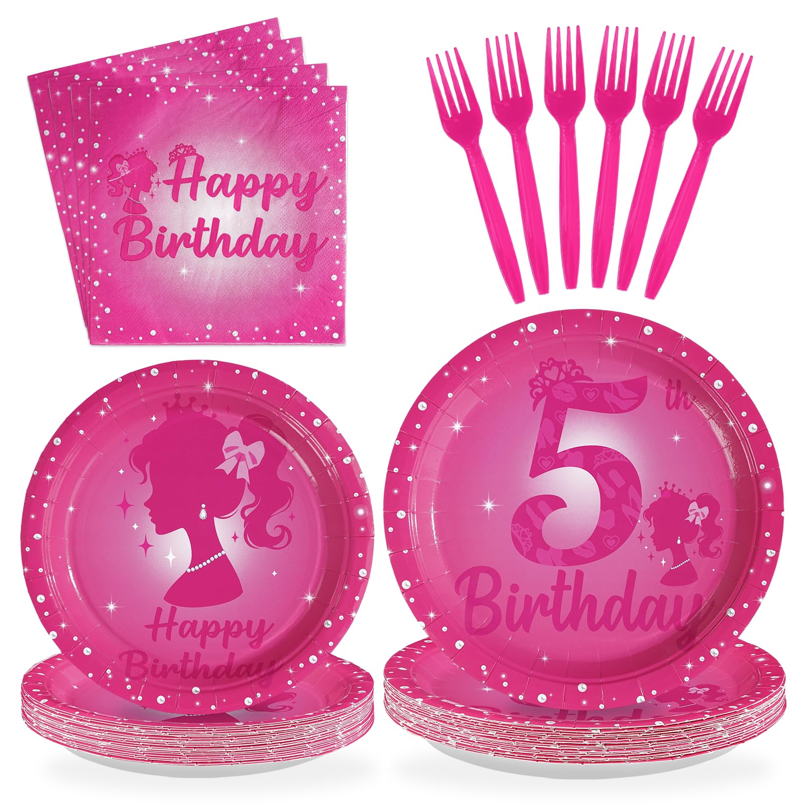 96 Pcs Pink Girl 5th Birthday Party Plates and Napkins - Grencian