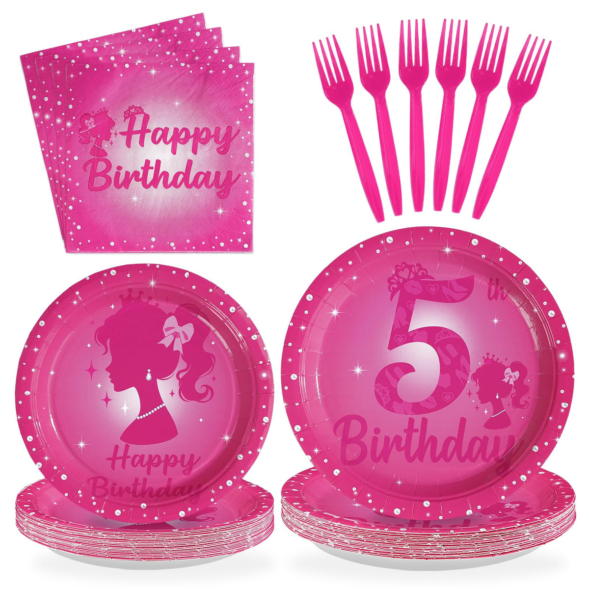 96 Pcs Pink Girl 5th Birthday Party Plates and Napkins - Grencian