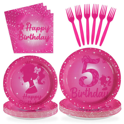 96 Pcs Pink Girl 5th Birthday Party Plates and Napkins - Grencian