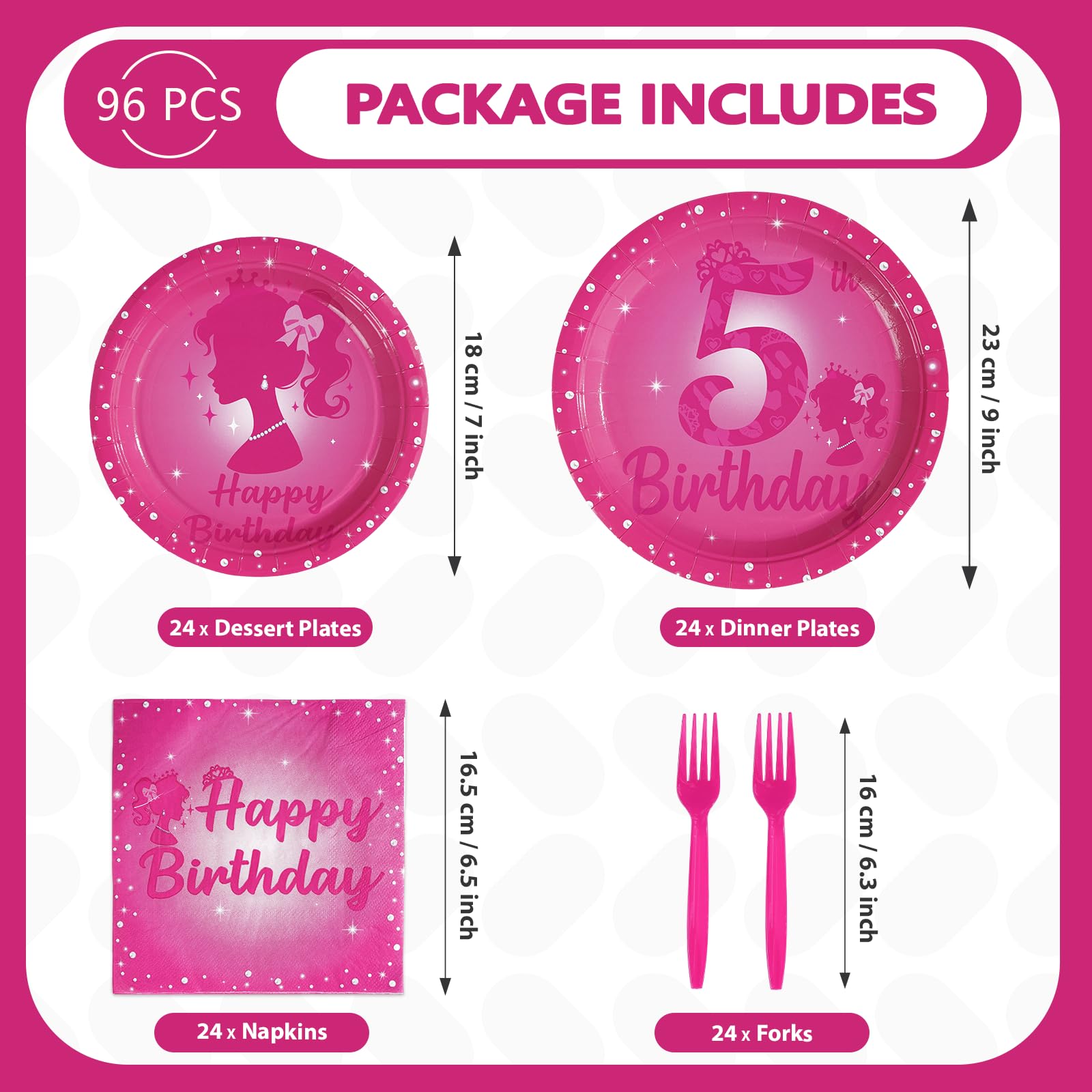 96 Pcs Pink Girl 5th Birthday Party Plates and Napkins - Grencian