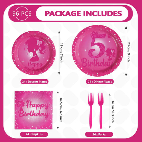 96 Pcs Pink Girl 5th Birthday Party Plates and Napkins - Grencian