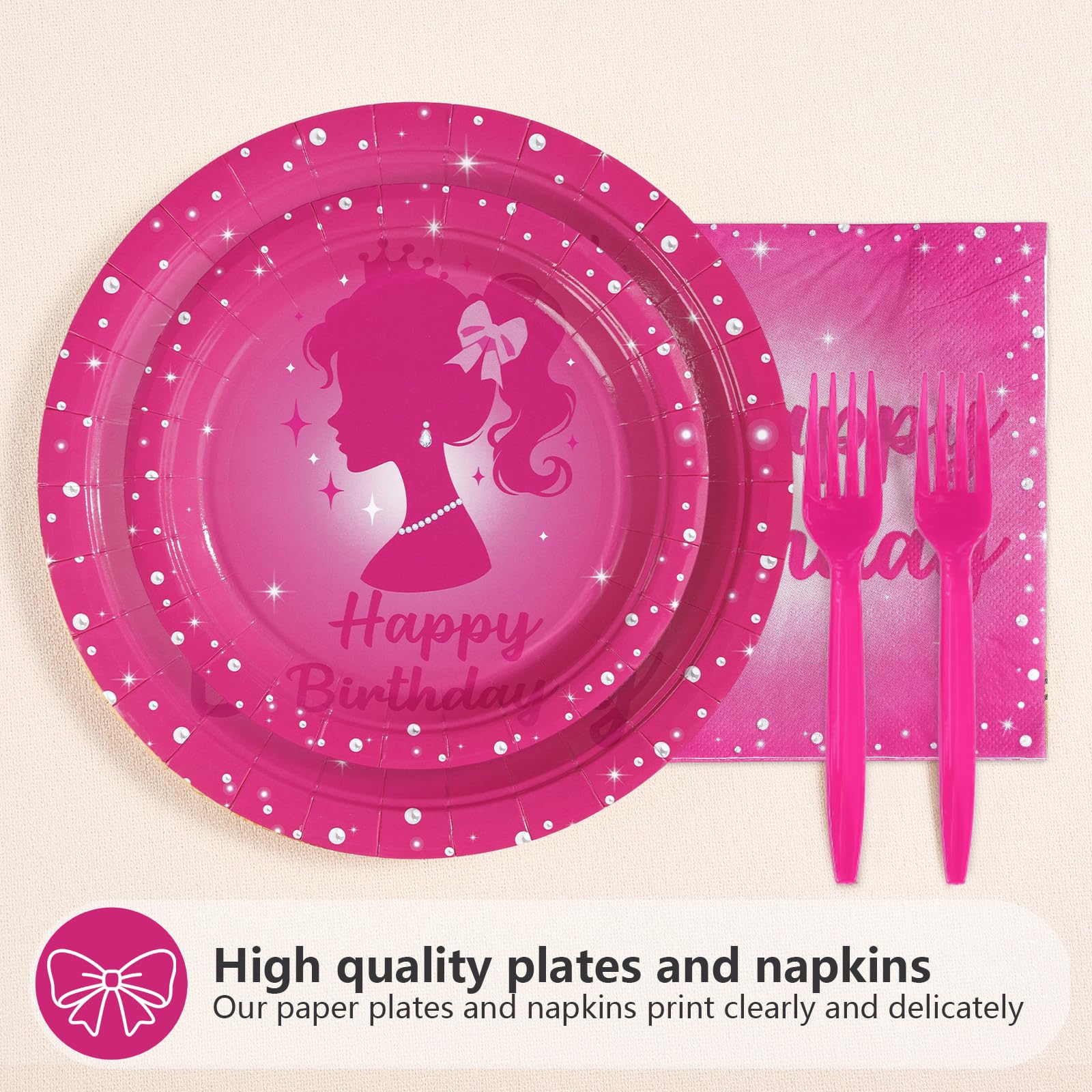96 Pcs Pink Girl 5th Birthday Party Plates and Napkins - Grencian
