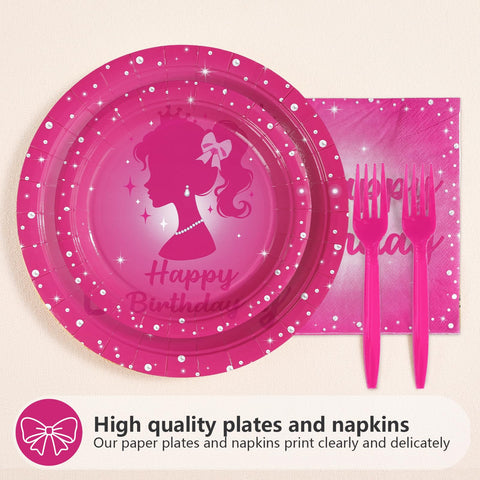 96 Pcs Pink Girl 5th Birthday Party Plates and Napkins - Grencian