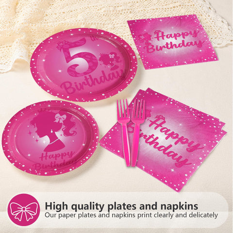 96 Pcs Pink Girl 5th Birthday Party Plates and Napkins - Grencian
