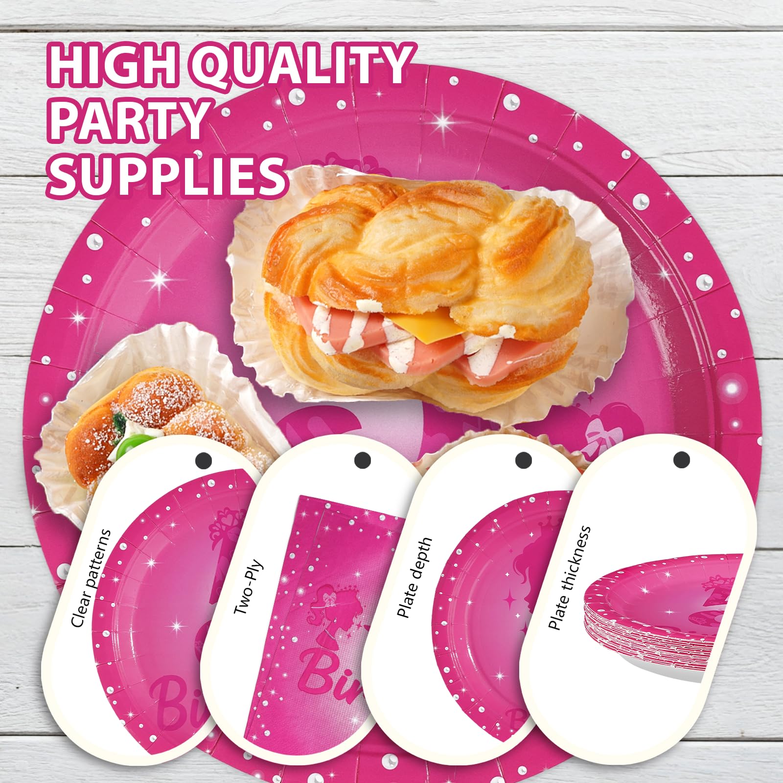 96 Pcs Pink Girl 5th Birthday Party Plates and Napkins - Grencian