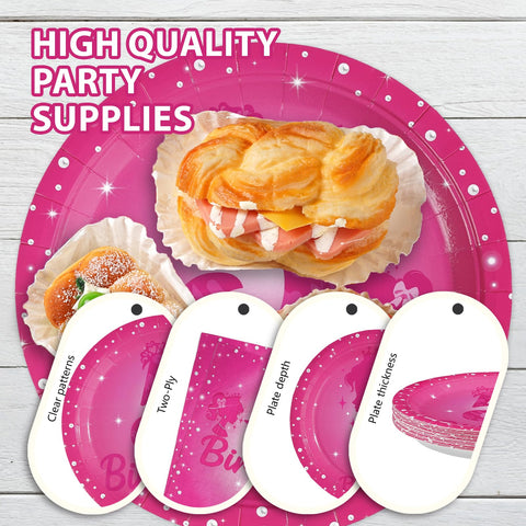 96 Pcs Pink Girl 5th Birthday Party Plates and Napkins - Grencian