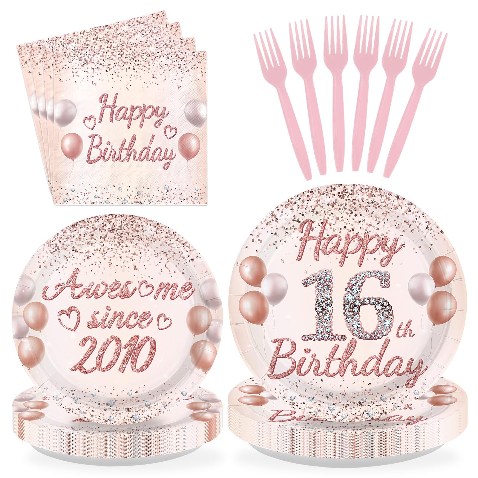 96 Pcs Pink Gold 16th Birthday Party Plates and Napkins - Grencian