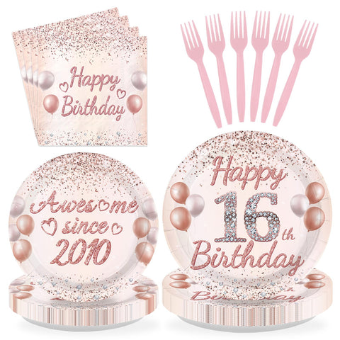 96 Pcs Pink Gold 16th Birthday Party Plates and Napkins - Grencian